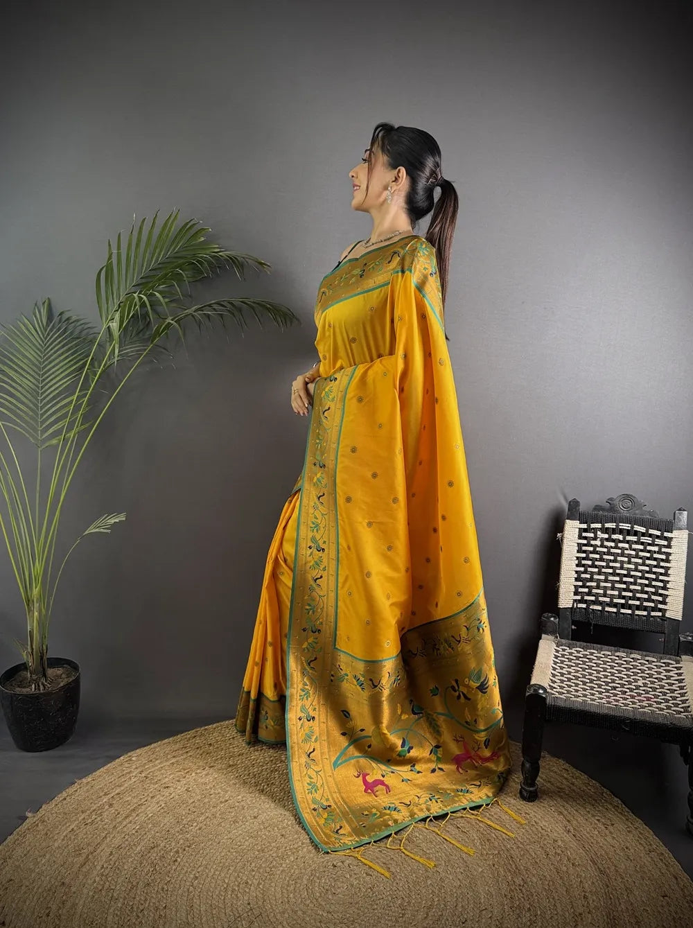 Pure Paithani Saree with Peacock & Deer Pallu – Traditional Maharashtrian Weave (Yellow)